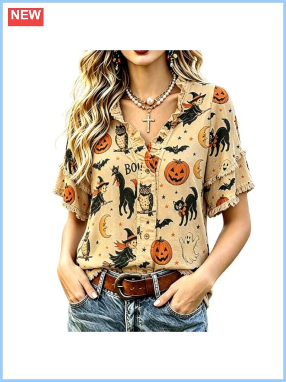 Vintage Floral Hollow Lace Trim Cotton Boho Blouse Ruffle V-Neck